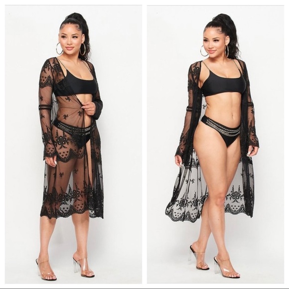 Black Mesh Embroidery Cardigan Beach Cover Up - Picture 2 of 4